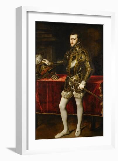 King Philip II of Spain (1527-1598), the King in Armor; Morion and Gloves on a Table-Titian (Tiziano Vecelli)-Framed Giclee Print