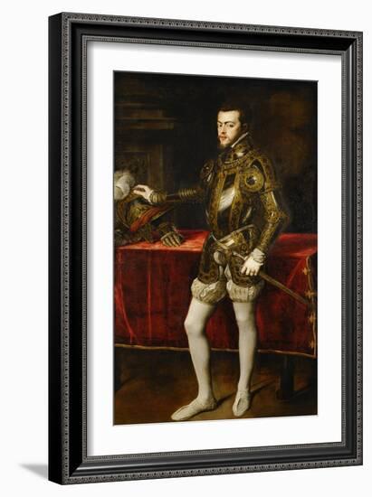 King Philip II of Spain (1527-1598), the King in Armor; Morion and Gloves on a Table-Titian (Tiziano Vecelli)-Framed Giclee Print