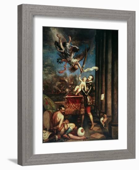 King Philip II Offering His Son, Prince Ferdinand to God after the Victory of Lepanto-Titian (Tiziano Vecelli)-Framed Giclee Print