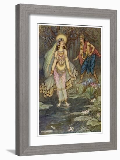 King Shantanu Meets Ganga the Goddess and She Becomes His First Queen-Warwick Goble-Framed Art Print