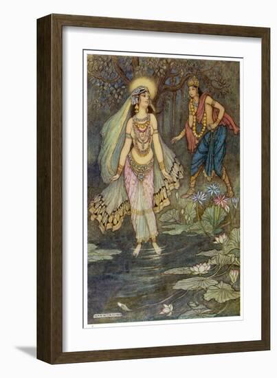 King Shantanu Meets Ganga the Goddess and She Becomes His First Queen-Warwick Goble-Framed Art Print