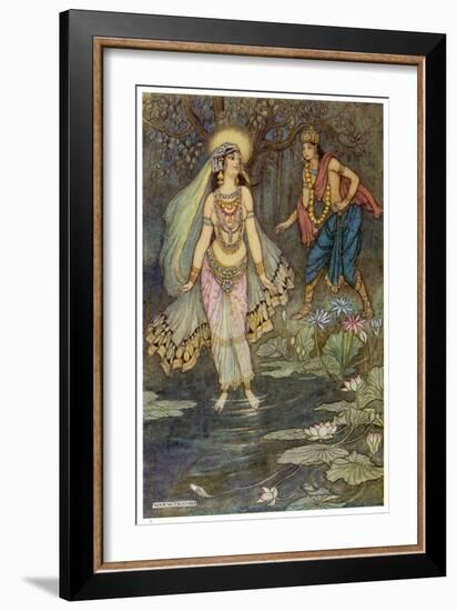 King Shantanu Meets Ganga the Goddess and She Becomes His First Queen-Warwick Goble-Framed Art Print