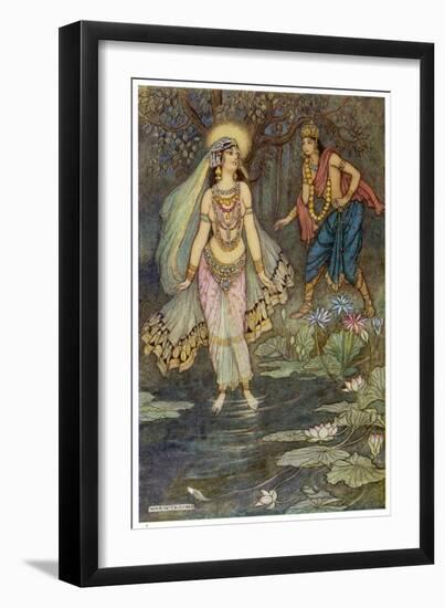 King Shantanu Meets Ganga the Goddess and She Becomes His First Queen-Warwick Goble-Framed Art Print