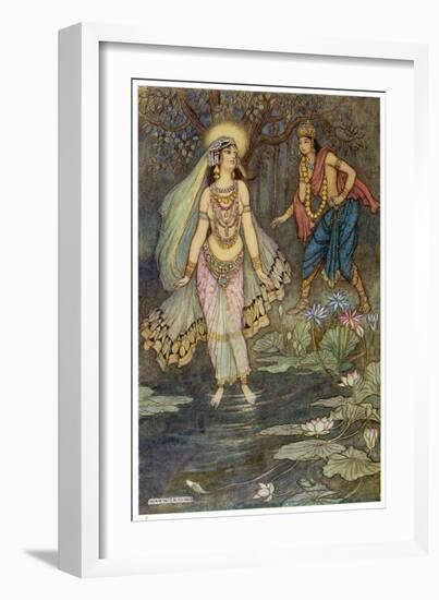 King Shantanu Meets Ganga the Goddess and She Becomes His First Queen-Warwick Goble-Framed Art Print