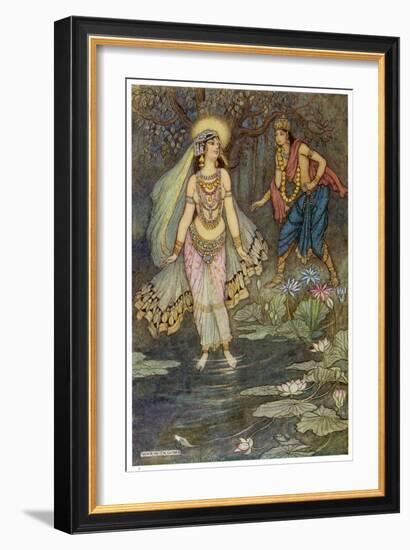 King Shantanu Meets Ganga the Goddess and She Becomes His First Queen-Warwick Goble-Framed Art Print