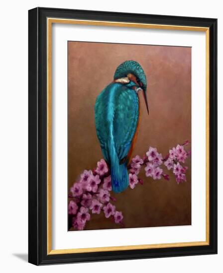 Kingfisher and blossoms, 2021 (oil on canvas)-Lee Campbell-Framed Giclee Print