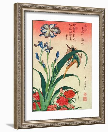 Kingfisher, Iris and Pinks, Pub. by Nishimura Eijudo, C.1832, One of a Set of Ten Prints-Katsushika Hokusai-Framed Giclee Print