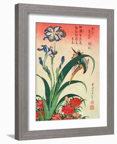 Kingfisher, Iris and Pinks, Pub. by Nishimura Eijudo, C.1832, One of a Set of Ten Prints-Katsushika Hokusai-Framed Giclee Print