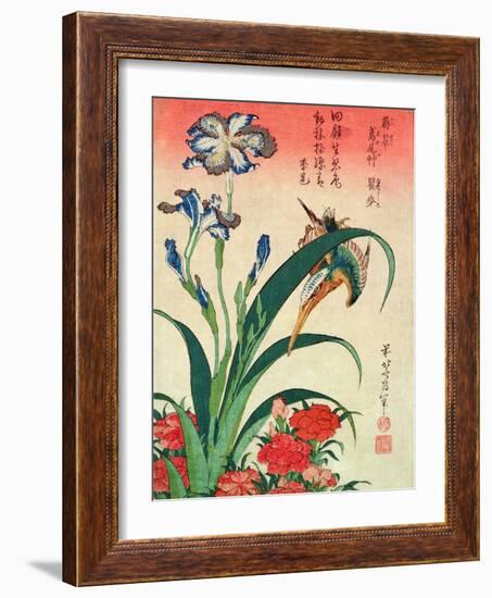 Kingfisher, Iris and Pinks, Pub. by Nishimura Eijudo, C.1832, One of a Set of Ten Prints-Katsushika Hokusai-Framed Giclee Print