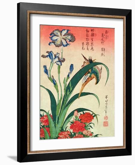 Kingfisher, Iris and Pinks, Pub. by Nishimura Eijudo, C.1832, One of a Set of Ten Prints-Katsushika Hokusai-Framed Giclee Print