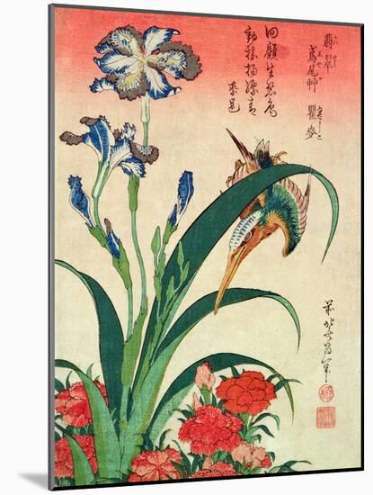 Kingfisher, Iris and Pinks, Pub. by Nishimura Eijudo, C.1832, One of a Set of Ten Prints-Katsushika Hokusai-Mounted Giclee Print