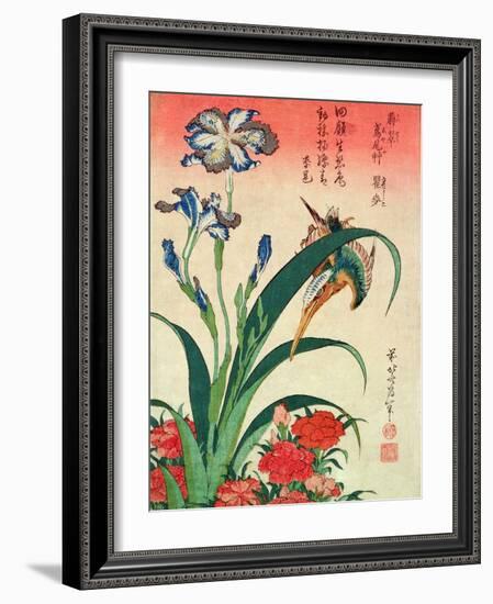 Kingfisher, Iris and Pinks, Pub. by Nishimura Eijudo, C.1832, One of a Set of Ten Prints-Katsushika Hokusai-Framed Giclee Print