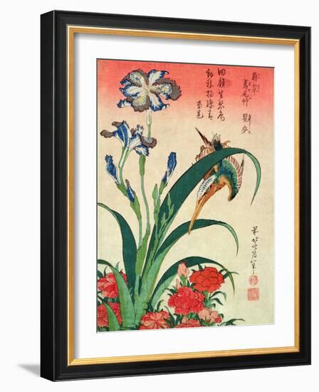 Kingfisher, Iris and Pinks, Pub. by Nishimura Eijudo, C.1832, One of a Set of Ten Prints-Katsushika Hokusai-Framed Giclee Print