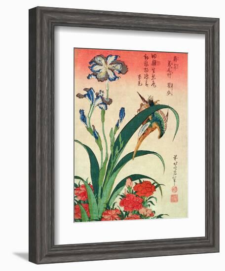 Kingfisher, Iris and Pinks, Pub. by Nishimura Eijudo, C.1832, One of a Set of Ten Prints-Katsushika Hokusai-Framed Giclee Print