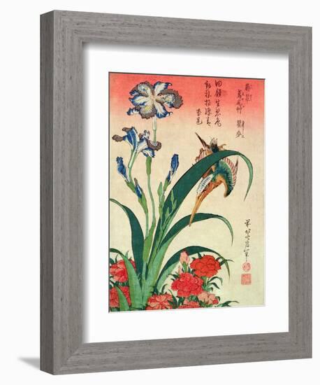 Kingfisher, Iris and Pinks, Pub. by Nishimura Eijudo, C.1832, One of a Set of Ten Prints-Katsushika Hokusai-Framed Giclee Print