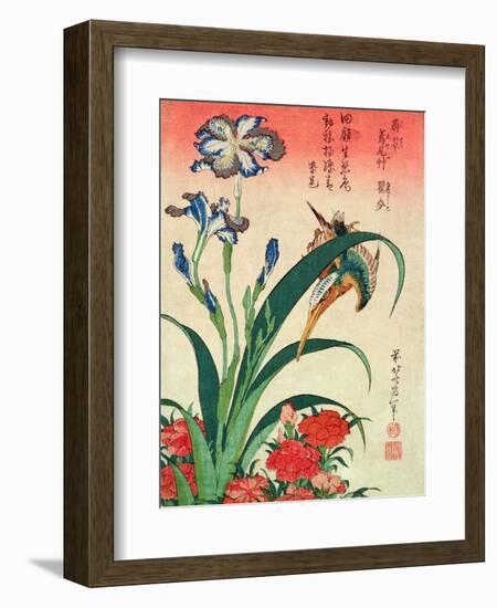 Kingfisher, Iris and Pinks, Pub. by Nishimura Eijudo, C.1832, One of a Set of Ten Prints-Katsushika Hokusai-Framed Giclee Print