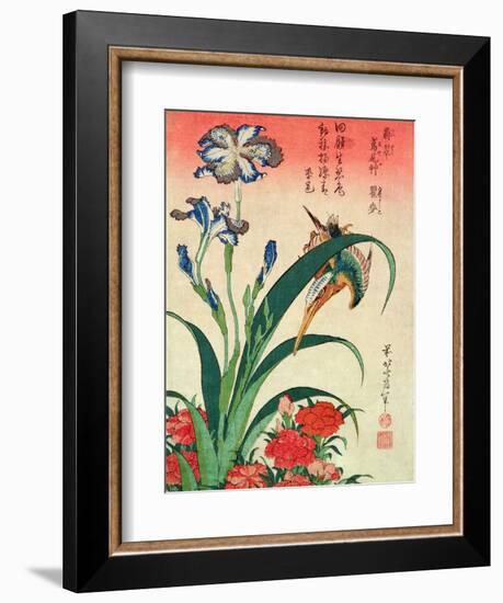 Kingfisher, Iris and Pinks, Pub. by Nishimura Eijudo, C.1832, One of a Set of Ten Prints-Katsushika Hokusai-Framed Giclee Print