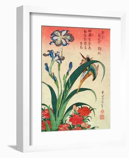 Kingfisher, Iris and Pinks, Pub. by Nishimura Eijudo, C.1832, One of a Set of Ten Prints-Katsushika Hokusai-Framed Giclee Print