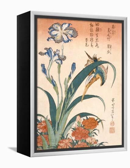 Kingfisher, Irises and Pinks (Colour Woodblock Print)-Katsushika Hokusai-Framed Premier Image Canvas