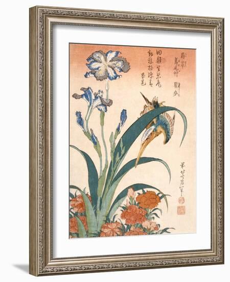 Kingfisher, Irises and Pinks (Colour Woodblock Print)-Katsushika Hokusai-Framed Giclee Print