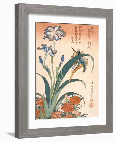 Kingfisher, Irises and Pinks (Colour Woodblock Print)-Katsushika Hokusai-Framed Giclee Print