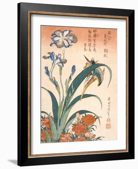 Kingfisher, Irises and Pinks (Colour Woodblock Print)-Katsushika Hokusai-Framed Giclee Print