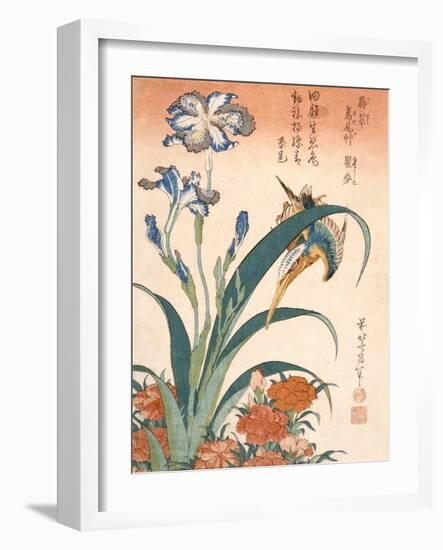 Kingfisher, Irises and Pinks (Colour Woodblock Print)-Katsushika Hokusai-Framed Giclee Print