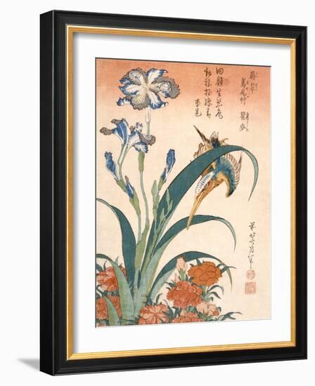 Kingfisher, Irises and Pinks (Colour Woodblock Print)-Katsushika Hokusai-Framed Giclee Print