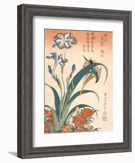 Kingfisher, Irises and Pinks (Colour Woodblock Print)-Katsushika Hokusai-Framed Giclee Print