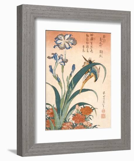 Kingfisher, Irises and Pinks (Colour Woodblock Print)-Katsushika Hokusai-Framed Giclee Print