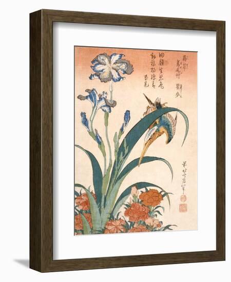 Kingfisher, Irises and Pinks (Colour Woodblock Print)-Katsushika Hokusai-Framed Giclee Print