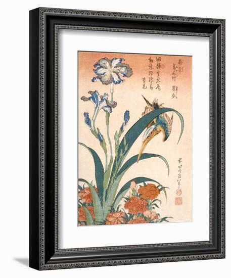 Kingfisher, Irises and Pinks (Colour Woodblock Print)-Katsushika Hokusai-Framed Giclee Print