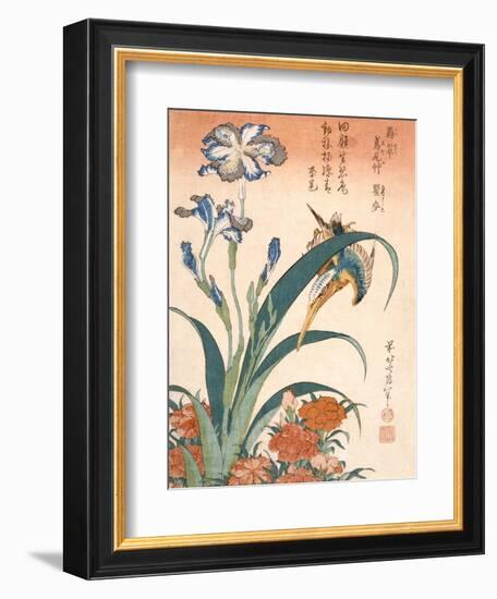 Kingfisher, Irises and Pinks (Colour Woodblock Print)-Katsushika Hokusai-Framed Giclee Print