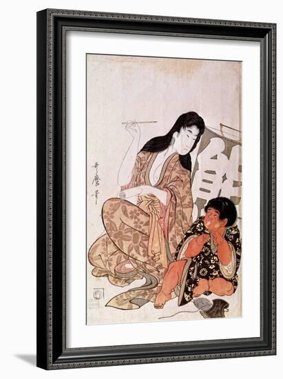 Kintaro Et Yamauba Calligraphiant, Serie: Yamauba Et Kintaro Japanese Print by Utamaro Kitagawa (17-Kitagawa Utamaro-Framed Giclee Print