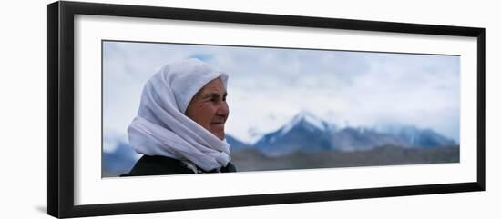 Kirghiz Woman and Mountains in the Distance, Silk Road, China-Keren Su-Framed Photographic Print