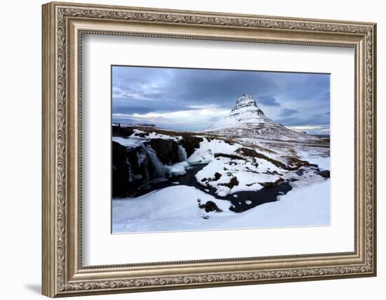 Kirkjufell (Church Mountain) Covered in Snow with a Frozen River and Waterfall in the Foreground-Lee Frost-Framed Photographic Print