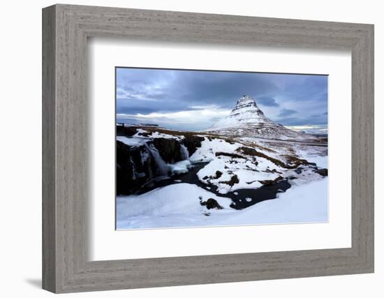 Kirkjufell (Church Mountain) Covered in Snow with a Frozen River and Waterfall in the Foreground-Lee Frost-Framed Photographic Print