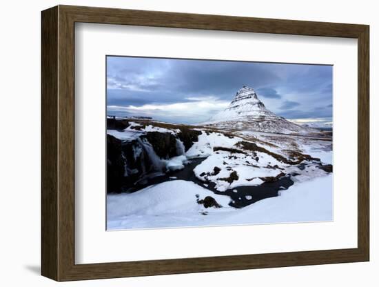 Kirkjufell (Church Mountain) Covered in Snow with a Frozen River and Waterfall in the Foreground-Lee Frost-Framed Photographic Print