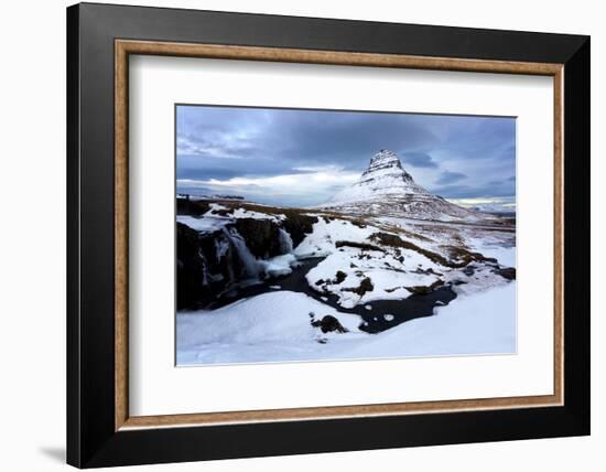 Kirkjufell (Church Mountain) Covered in Snow with a Frozen River and Waterfall in the Foreground-Lee Frost-Framed Photographic Print