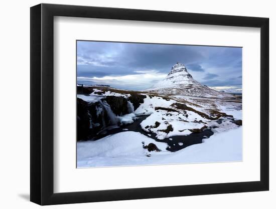 Kirkjufell (Church Mountain) Covered in Snow with a Frozen River and Waterfall in the Foreground-Lee Frost-Framed Photographic Print