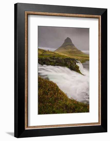 Kirkjufellsfoss in autumn with hiker to show scale, Iceland, Polar Regions-Jon Reaves-Framed Photographic Print