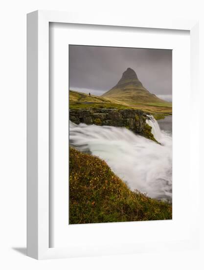 Kirkjufellsfoss in autumn with hiker to show scale, Iceland, Polar Regions-Jon Reaves-Framed Photographic Print