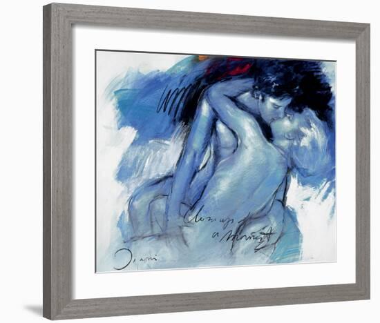 Kissing Couple in Blue-Joani-Framed Art Print