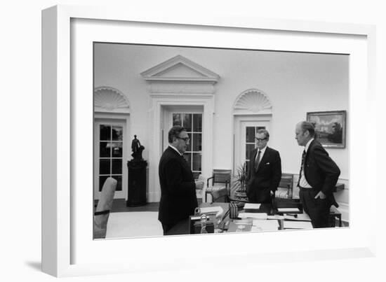 Kissinger, Rockefeller and Ford Discuss Evacuation of Saigon, in April 1975-null-Framed Photo