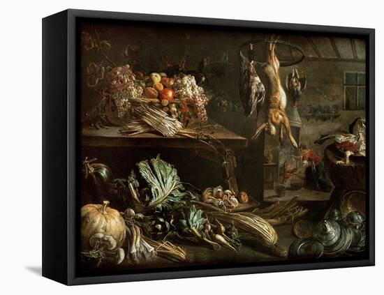 Kitchen Interior with Still Life, Maid by the Fire-Adriaen van Utrecht-Framed Premier Image Canvas