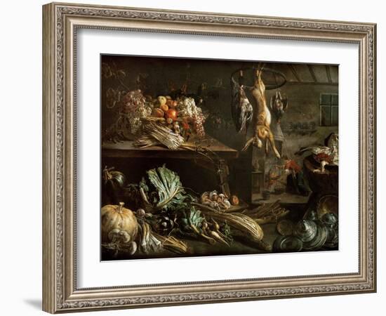 Kitchen Interior with Still Life, Maid by the Fire-Adriaen van Utrecht-Framed Giclee Print