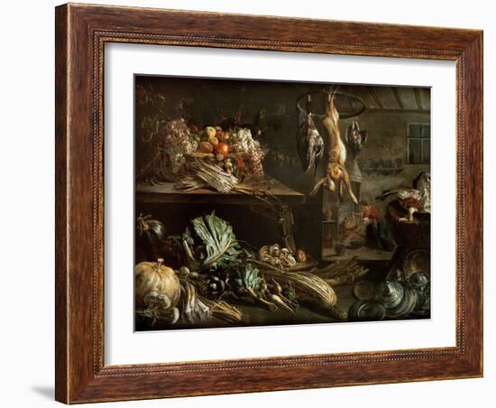 Kitchen Interior with Still Life, Maid by the Fire-Adriaen van Utrecht-Framed Giclee Print