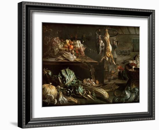 Kitchen Interior with Still Life, Maid by the Fire-Adriaen van Utrecht-Framed Giclee Print