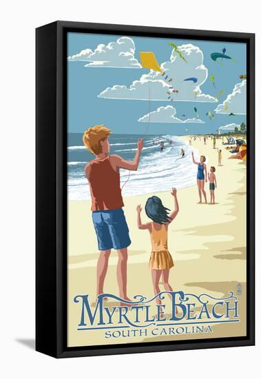 Kite Flyers - Myrtle Beach, South Carolina-Lantern Press-Framed Stretched Canvas