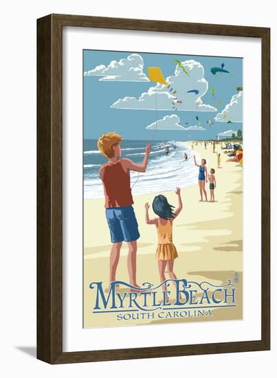 Kite Flyers - Myrtle Beach, South Carolina-Lantern Press-Framed Art Print